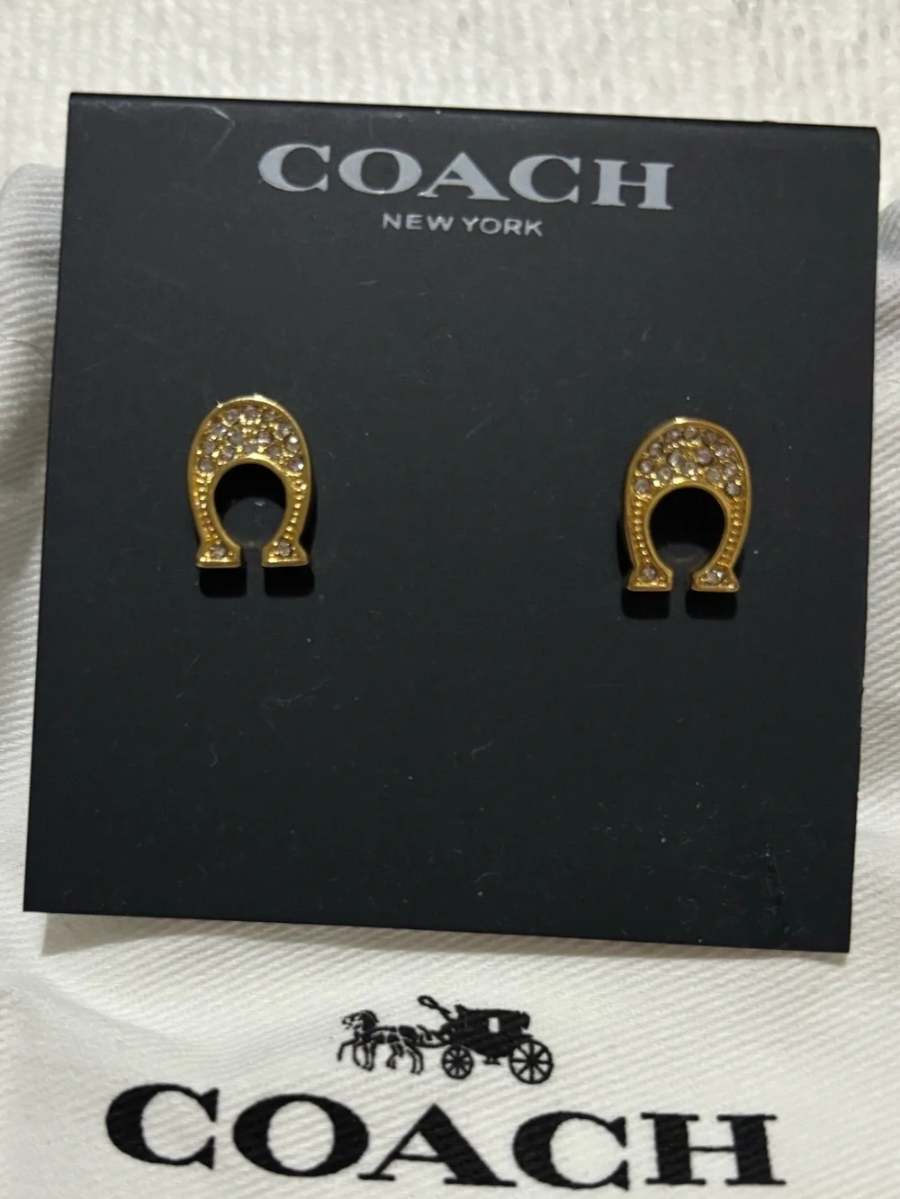 NWT COACH Gold Horseshoe Crystal Stud Earrings